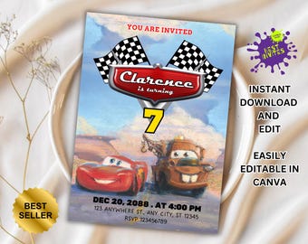 Autos-Geburtstagseinladung, Lightning McQueen-Einladung, Kinder-Geburtstagseinladung, bearbeitbare personalisierte Canva druckbare digitale Einladung