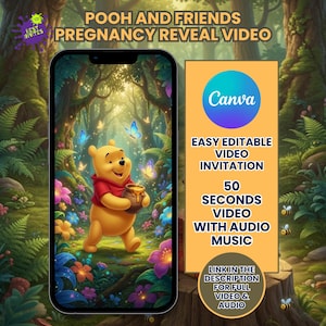 May include: A smartphone displaying a digital video invitation featuring a yellow bear in a red shirt holding a honey pot in a forest. Text includes POOH AND FRIENDS PREGNANCY REVEAL VIDEO, EASY EDITABLE VIDEO INVITATION, 50 SECONDS VIDEO WITH AUDIO MUSIC.