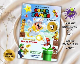 Mario invitation, Printable birthday invite, editable invitation, girl birthday, mario bros party, video game invitation, super template