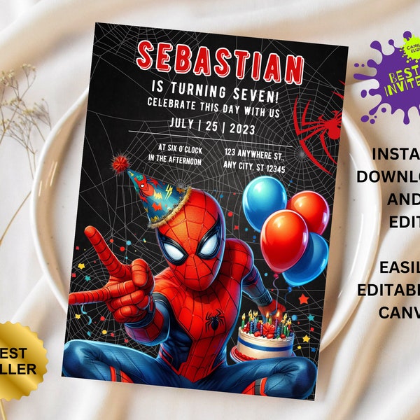 Spiderman Birthday Invitation, Printable Spiderman Invitation, Kids Birthday Party Invite, Canva Editable Invites 5x7, bestseller invite