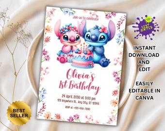 Stitch Birthday Invitation, Printable Lilo and Stitch Invitation, Kids Stitch Angel Birthday Invite, Aloha Stitch Birthday, Canva Template