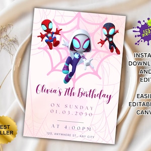 Girl Ghost Spidey Birthday Invitation, Spidey Gwen Birthday Party, Spider Gwen Party Invitation, Template Canva Template