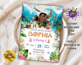 Moana Invitation, Kids Digital invitation,Moana Party Invite,For Girl Invite,Editable in Canva,Modern Birthday Template Printable