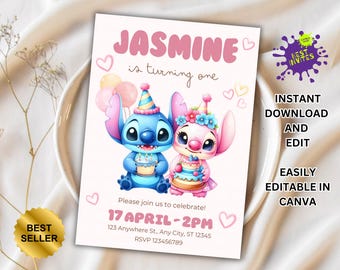 Stitch Birthday Invitation, Printable Lilo and Stitch Invitation, Kids Stitch Angel Birthday Invite, Aloha Stitch Birthday, Canva Template