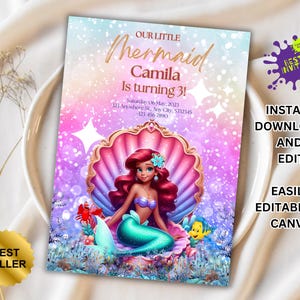 Editable The Little Mermaid Birthday Party Invitation| Ariel Birthday Party Invite, New Little Mermaid Birthday Invite, Bestseller invite