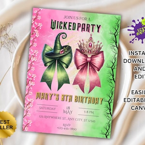Wicked Geburtstagsfeier-Einladung, Wicked Party-Einladung, WICKED inspirierte Kinokarte, Elphaba & Glinda Theme, Filmparty, Canva Editable