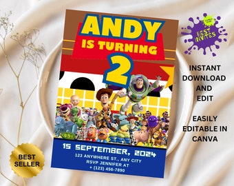 Szablon zaproszenia urodzinowego Toy Story, zaproszenie Toy Story, zaproszenie urodzinowe Toy Story, edytowalne zaproszenie urodzinowe Toy Story, edycja canva
