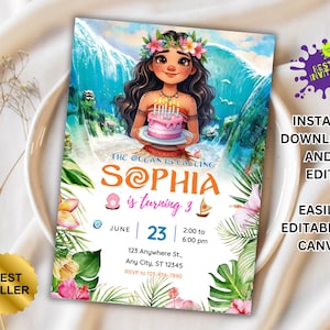 Moana Invitation, Kids Digital invitation,Moana Party Invite,For Girl Invite,Editable in Canva,Modern Birthday Template Printable