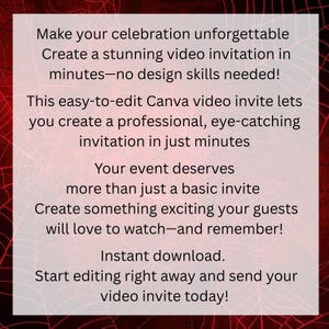 May include: A digital graphic with a red spiderweb design in the background and white text. The text promotes creating video invitations with no design skills needed, highlighting ease of use and instant download for events.