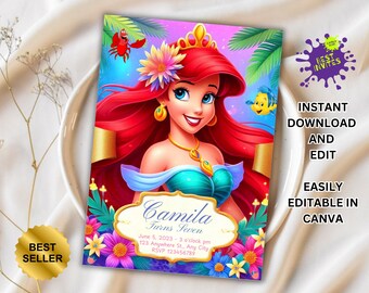 Edytowalne zaproszenie na przyjęcie urodzinowe Mała Syrenka | Zaproszenie na przyjęcie urodzinowe Ariel, Nowe zaproszenie na urodziny Małej Syrenki, Bestsellerowe zaproszenie