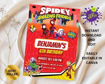 May include: A red and yellow birthday invitation featuring Spiderman and his friends. The invitation says "Spidey and his Amazing Friends" and "Benjamin's 6th Birthday".