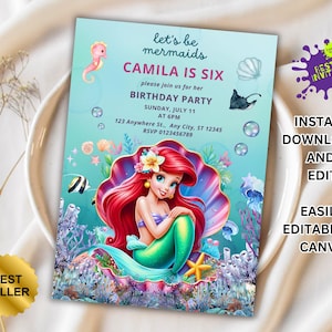 Editable The Little Mermaid Birthday Party Invitation| Ariel Birthday Party Invite, New Little Mermaid Birthday Invite, Bestseller invite