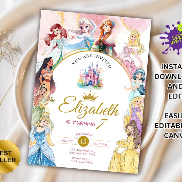 Princess Birthday Invitation Princess Invitation Princess Party Invitation Girl Princess Invitations Gold Pink EDITABLE Instant Digital