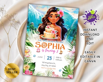 Moana Invitation, Kids Digital invitation,Moana Party Invite,For Girl Invite,Editable in Canva,Modern Birthday Template Printable