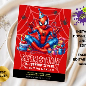May include: A red and blue Spiderman birthday invitation with a cartoon image of Spiderman sitting on a cake. The invitation says "Sebastian is turning seven! Celebrate this day with us." and includes contact information for RSVP.