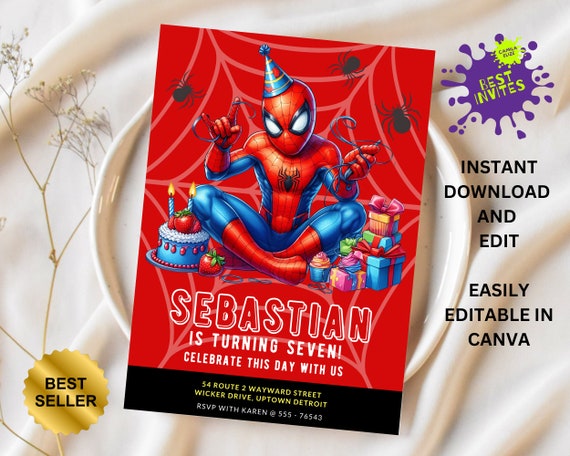 Spiderman Birthday Invitation, Printable Spiderman Invitation, Kids Birthday Party Invite, Canva Editable Invites 5x7, bestseller invite