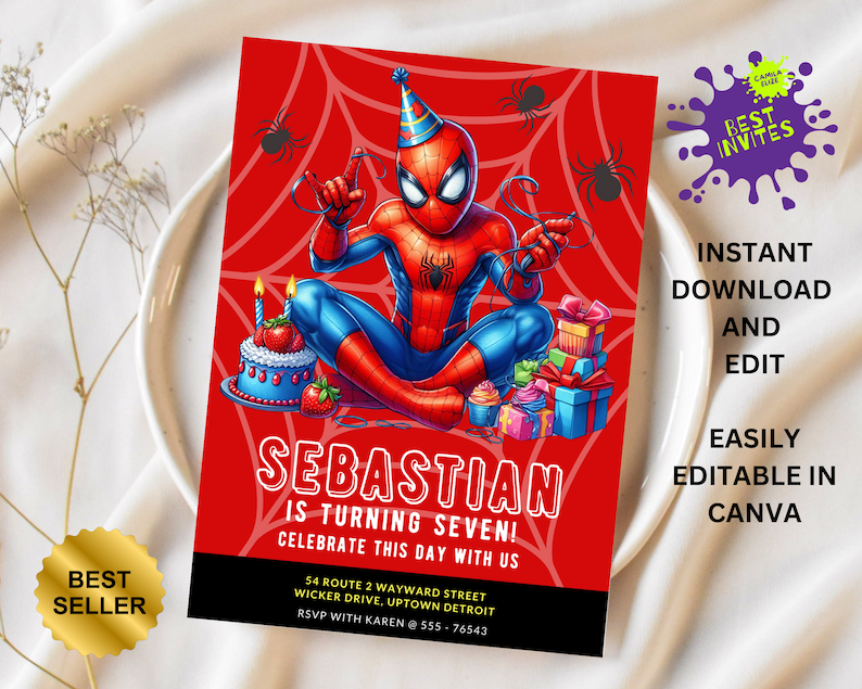 May include: A red and blue Spiderman birthday invitation with a cartoon image of Spiderman sitting on a cake. The invitation says "Sebastian is turning seven! Celebrate this day with us." and includes contact information for RSVP.