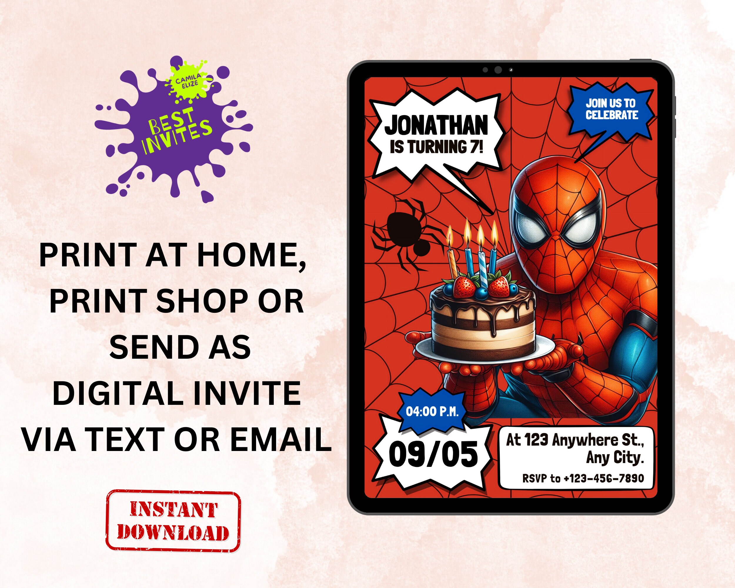 Spiderman Birthday Invitation, Printable Spiderman Invitation, Kids ...