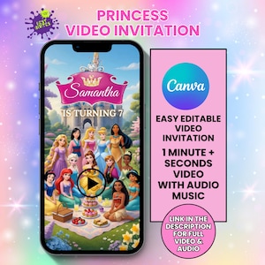 Könnte beinhalten: Ein Smartphone zeigt eine Videoeinladung zum Thema Prinzessin. Die Einladung zeigt eine Picknick-Szene mit animierten Prinzessinnen. Der Text enthält "Prinzessin Videoeinladung" und "Samantha wird 7".