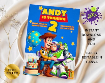 Szablon zaproszenia urodzinowego Toy Story, zaproszenie Toy Story, zaproszenie urodzinowe Toy Story, edytowalne zaproszenie urodzinowe Toy Story, edycja canva
