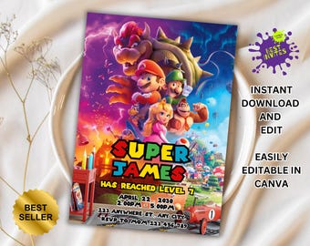 Mario invitation, Printable birthday invite, editable invitation, girl birthday, mario bros party, video game invitation, super template