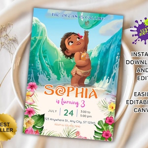 Moana Invitation, Kids Digital invitation,Moana Party Invite,For Girl Invite,Editable in Canva,Modern Birthday Template Printable