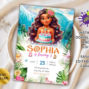 Moana Invitation, Kids Digital invitation,Moana Party Invite,For Girl Invite,Editable in Canva,Modern Birthday Template Printable