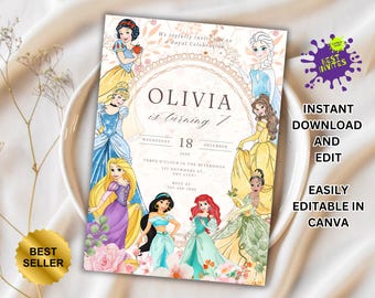 Princess Birthday Invitation Princess Invitation Princess Party Invitation Girl Princess Invitations Gold Pink EDITABLE Instant Digital