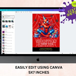 May include: A digital invitation for a birthday party featuring a cartoon image of Spiderman in a red and blue suit, sitting on a red background with a web design. The text "Sebastian is turning seven! Celebrate this day with us" is written in white letters on a black background. The invitation includes the party details, including the date, time, and location.