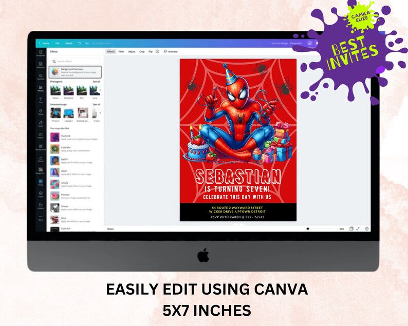 May include: A digital invitation for a birthday party featuring a cartoon image of Spiderman in a red and blue suit, sitting on a red background with a web design. The text "Sebastian is turning seven! Celebrate this day with us" is written in white letters on a black background. The invitation includes the party details, including the date, time, and location.