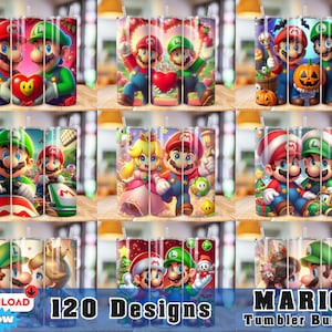 120 Super Mario Tumbler Wrap Bundle, 20oz Skinny Tumbler Wrap, 20 oz Tumbler Png Sublimation Design, Digital Instant Download Designs