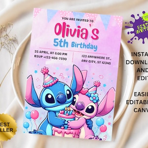 Stitch Editable Birthday Invitation Template, Printable Birthday Party Invitations, Digital Kids Party Invite, Digital Bday Card Invite