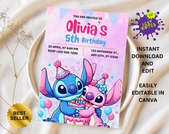 Modello di invito di compleanno modificabile Stitch, inviti per feste di compleanno stampabili, invito a feste digitali per bambini, invito per biglietti di compleanno digitali