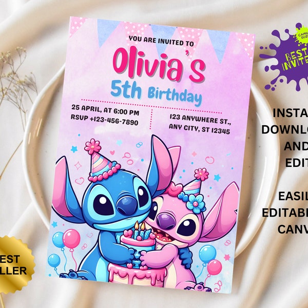 Stitch bewerkbare verjaardagsuitnodiging sjabloon, afdrukbare verjaardagsuitnodigingen, digitale kinderfeestuitnodiging, digitale verjaardagskaart uitnodigen