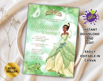 Princess and the Frog Birthday Invitation, Princess Tiana Birthday Party Invite, Printable Editable Birthday Invitation, Birthday Girls