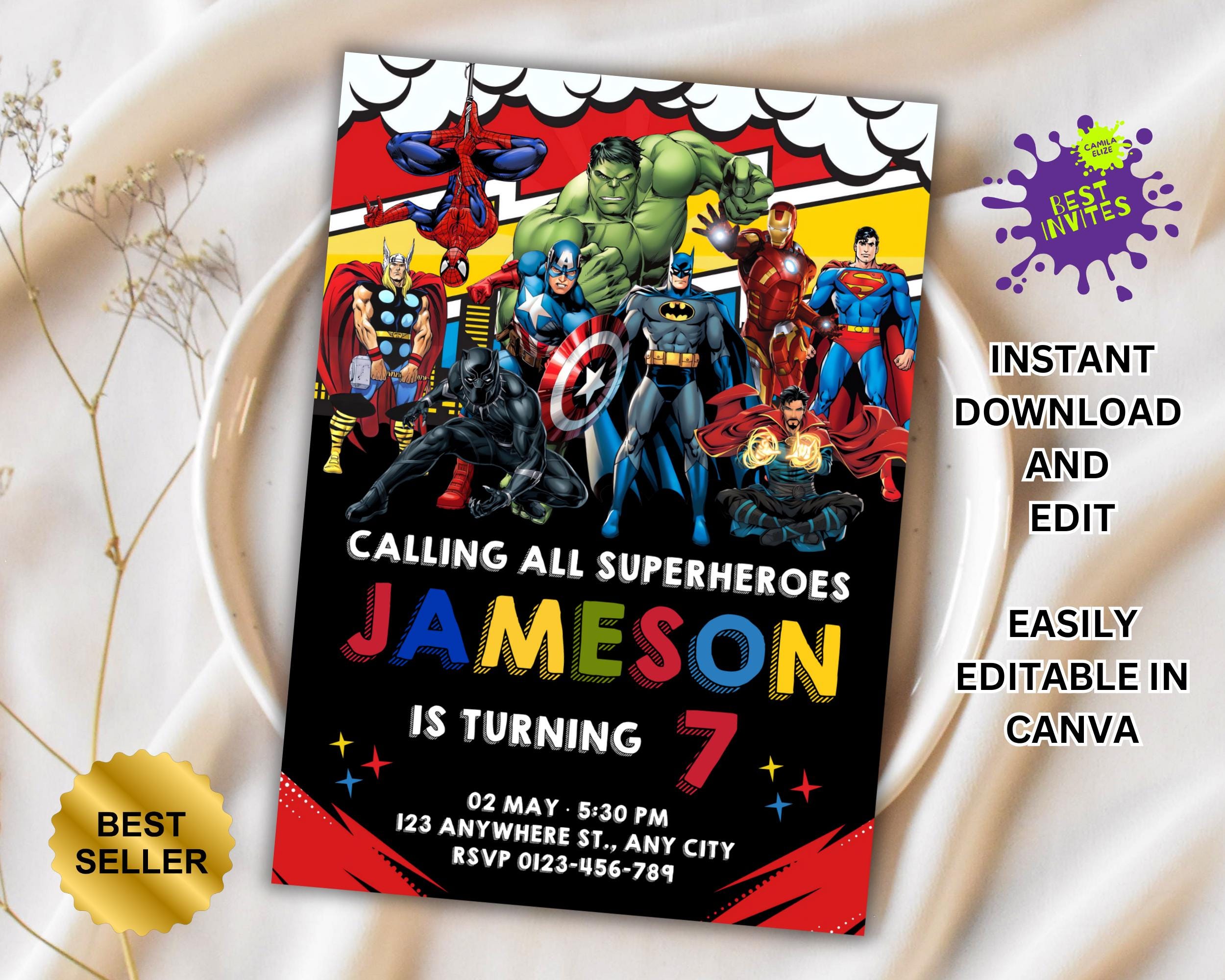 Superhero Birthday Invitation, Boy Avengers Party Invite Decoration, Printable Editable Template, Digital Instant Download, Canva Editable