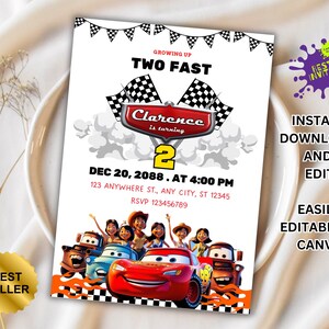 Cars Birthday Party Invitation, Lightning Mcqueen Birthday, Cars Party Invite, Second Birthday Party Invitation, Two Fast, 2, Tow Mater Cars