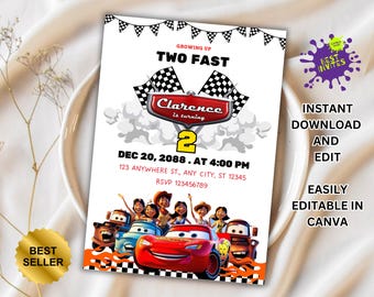Cars Birthday Party Invitation, Lightning Mcqueen Birthday, Cars Party Invite, Second Birthday Party Invitation, Two Fast, 2, Tow Mater Cars