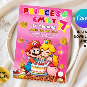 Convite de aniversário de Super Mario | Convite de aniversário | Convite Super Mario, convite editável para impressão de aniversário do Mario, princesa pêssego