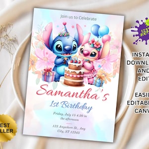 Stitch Birthday Invitation, Printable Lilo and Stitch Invitation, Kids Stitch Angel Birthday Invite, Aloha Stitch Birthday, Canva Template