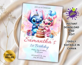 Stitch Birthday Invitation, Printable Lilo and Stitch Invitation, Kids Stitch Angel Birthday Invite, Aloha Stitch Birthday, Canva Template