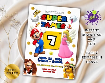 Mario invitation, Printable birthday invite, editable invitation, girl birthday, mario bros party, video game invitation, super template
