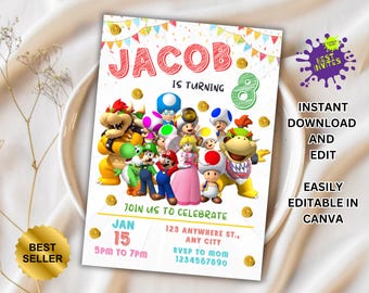 Mario invitation, Printable birthday invite, editable invitation, girl birthday, mario bros party, video game invitation, super template