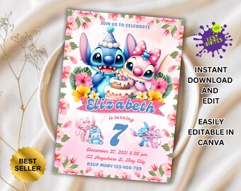 Stitch Birthday Invitation, Printable Lilo and Stitch Invitation, Kids Stitch Angel Birthday Invite, Aloha Stitch Birthday, Canva Template