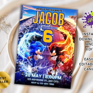 Faire-part d'anniversaire Sonic, modifiable et imprimable, superbe invitation à une fête Sonic, invitations premium modifiables sur Canva, invitation garçons et filles