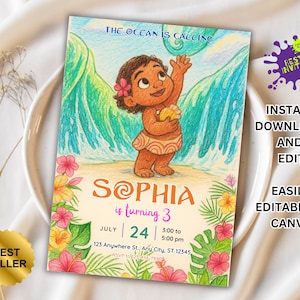 Moana Invitation, Kids Digital invitation,Moana Party Invite,For Girl Invite,Editable in Canva, Crayon style invite Template Printable