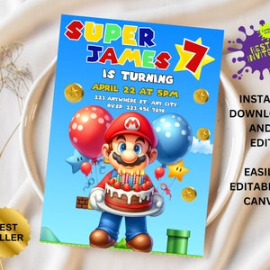Convite de aniversário de Super Mario | Convite de aniversário | Convite Super Mario, convite editável para impressão de aniversário do Mario, princesa pêssego