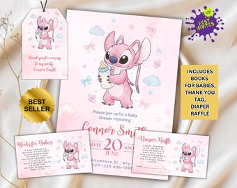 May include: A baby shower invitation set featuring a pink cartoon character holding a bottle. The set includes an invitation, thank you tag, diaper raffle card, and a books for babies card. The design incorporates pastel colors and decorative elements.