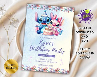 Stitch Birthday Invitation, Printable Lilo and Stitch Invitation, Kids Stitch Angel Birthday Invite, Aloha Stitch Birthday, Canva Template