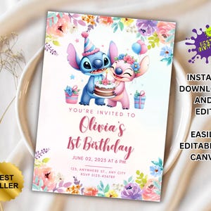 Faire-part d'anniversaire Stitch, impression Lilo et Stitch, invitation d'anniversaire ange enfant Stitch, anniversaire Aloha Stitch, modèle de toile
